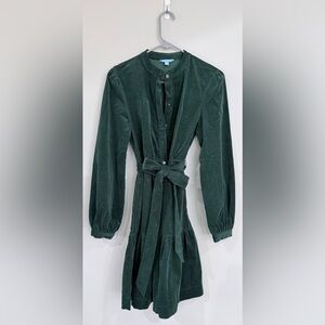 Dark Green Corduroy Long-Sleeve Dress with Belt